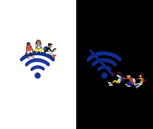 an illustration depicting students sitting comfortably on top of a WiFi symbol on the left side, while other students are struggling with a WiFi not working symbol on the right side