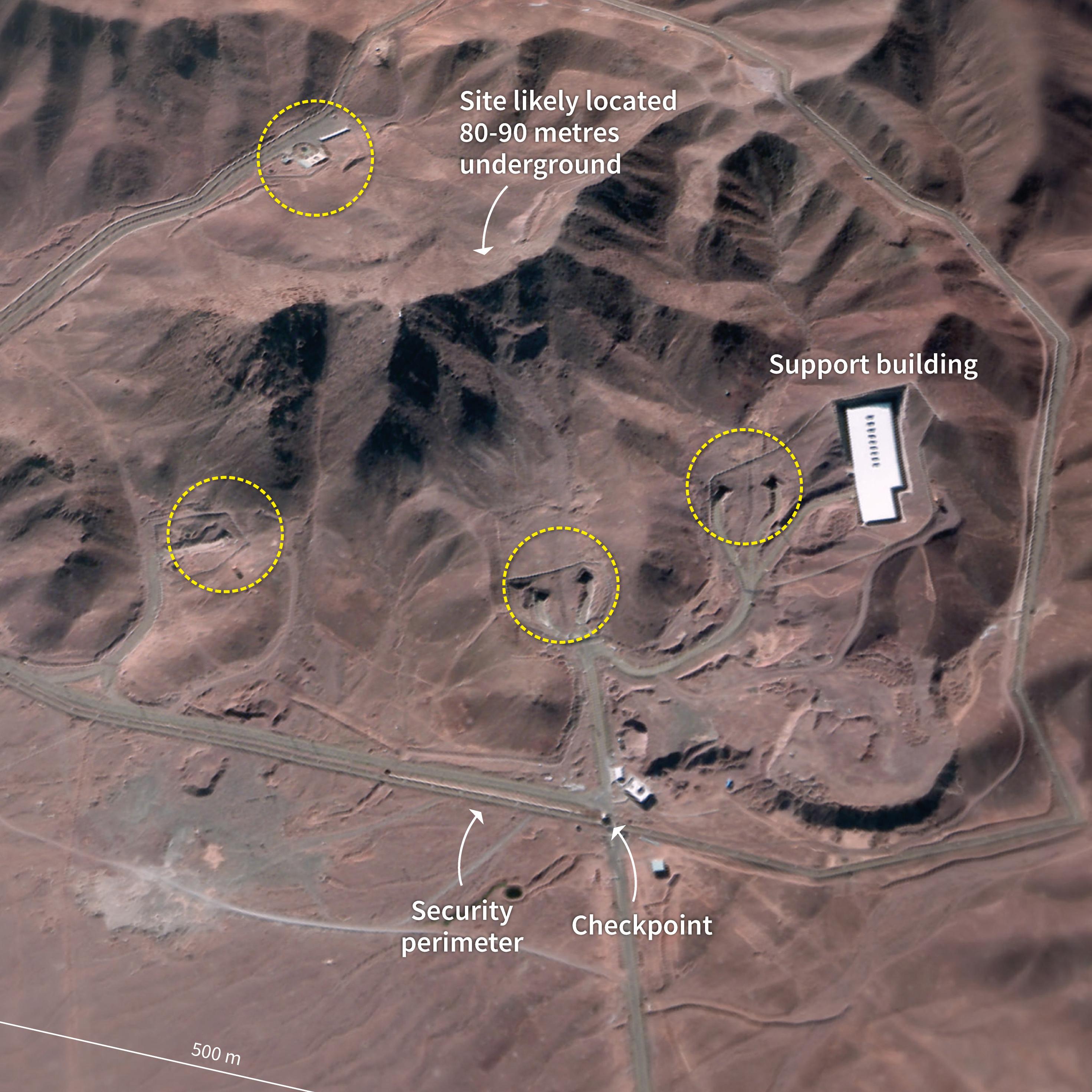 Satellite image from Planet Labs PBC from March 19, 2025, showing the Fordo nuclear site, in Iran. Graphic by Clea Peculier, Sabrina Blanchard, Fred Garet, Frederic Bourgeais/AFP via Getty Images