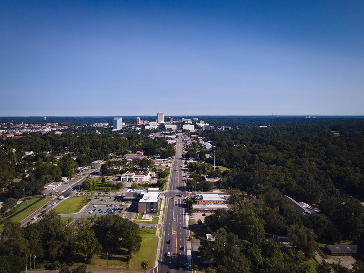 street and buildings from the sky