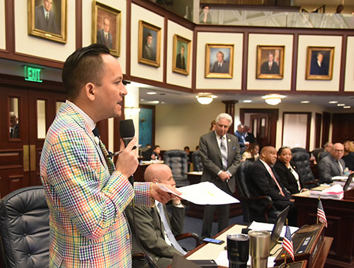 man in busy suit speaking in house chambers over microphone